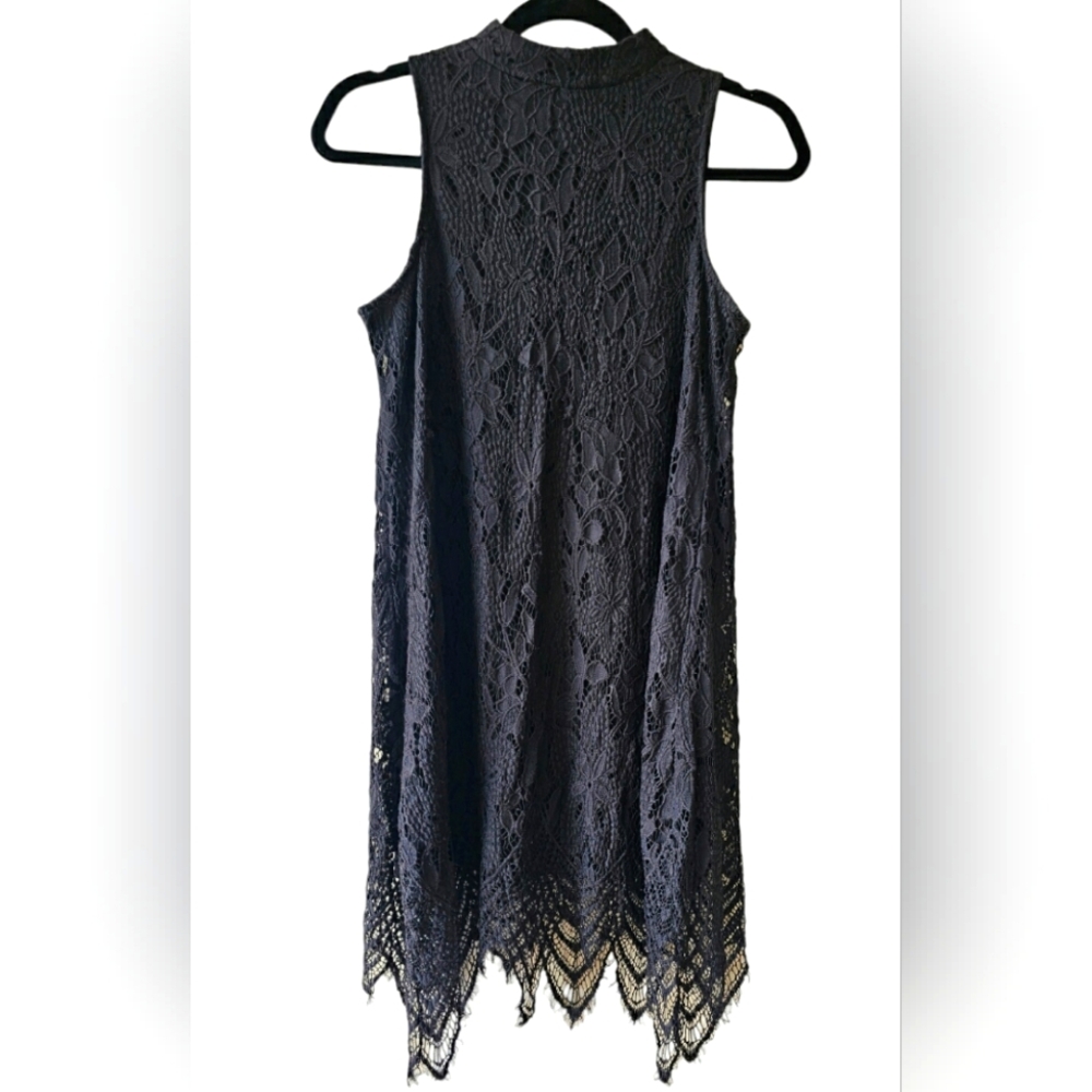 Love Fire Black Soft Lace Tank Dress Mock Neck Asymmetrical Lace Crochet - Picture 1 of 10